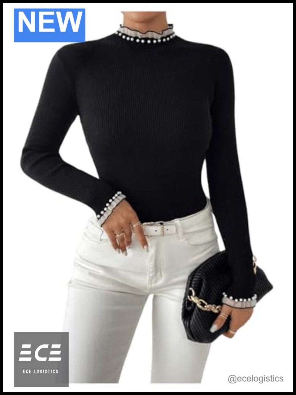 Pearl Beaded Ruffle Trim Mock Neck Long Sleeve Pullover Sweater